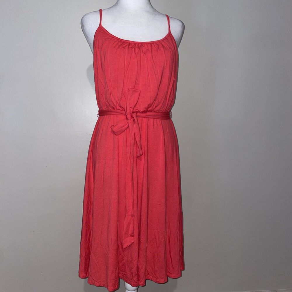 Ann Taylor LOFT Spaghetti Strap Dress S Coral Red Tie Waist Belted